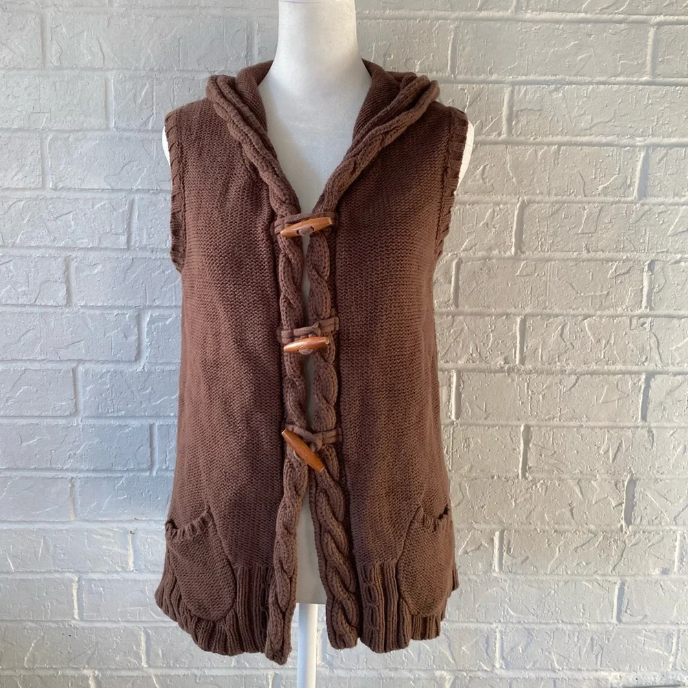 Dressbarn Y2K Brown Cable Knit Hooded Cotton Sweater Vest - Picture 4 of 12